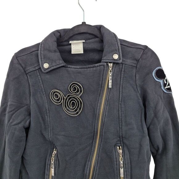 Disney Parks Disneyland Moto Jacket Sweatshirt M Black Sequined Mickey 3D Zip - Picture 6 of 17